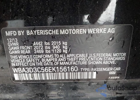 2014 BMW 328D из США, поврежденный, VIN WBA3D3C56EK156160